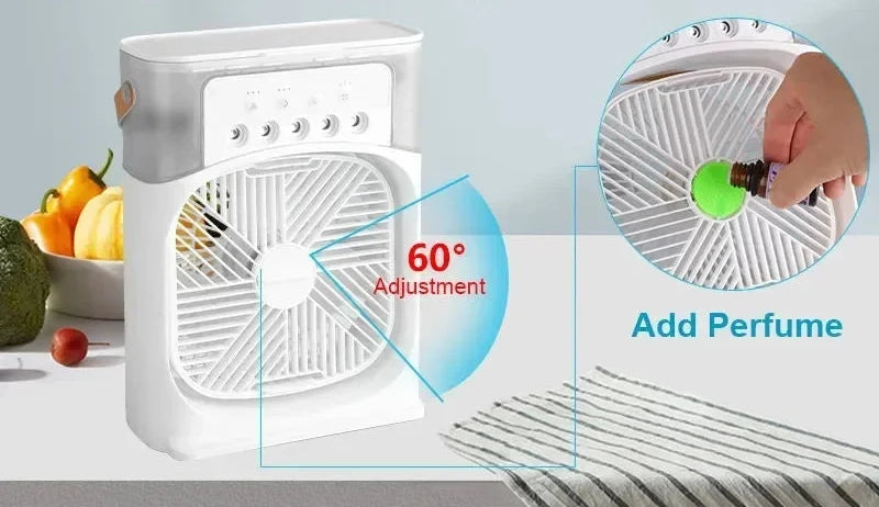 Mini Ar-Condicionado Portátil 3 em 1 com Ventilador, Umidificador e Luz Noturna LED