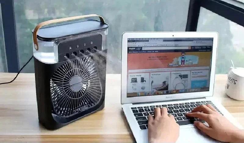 Mini Ar-Condicionado Portátil 3 em 1 com Ventilador, Umidificador e Luz Noturna LED